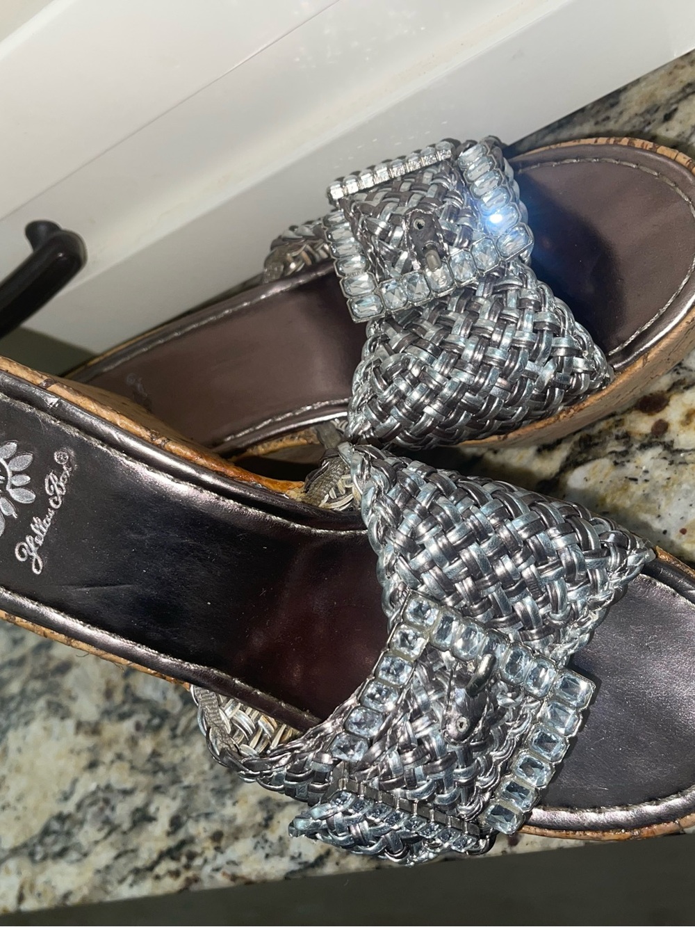 Yellow Box Silver Woven Wedge Slides with Rhinestone Buckle